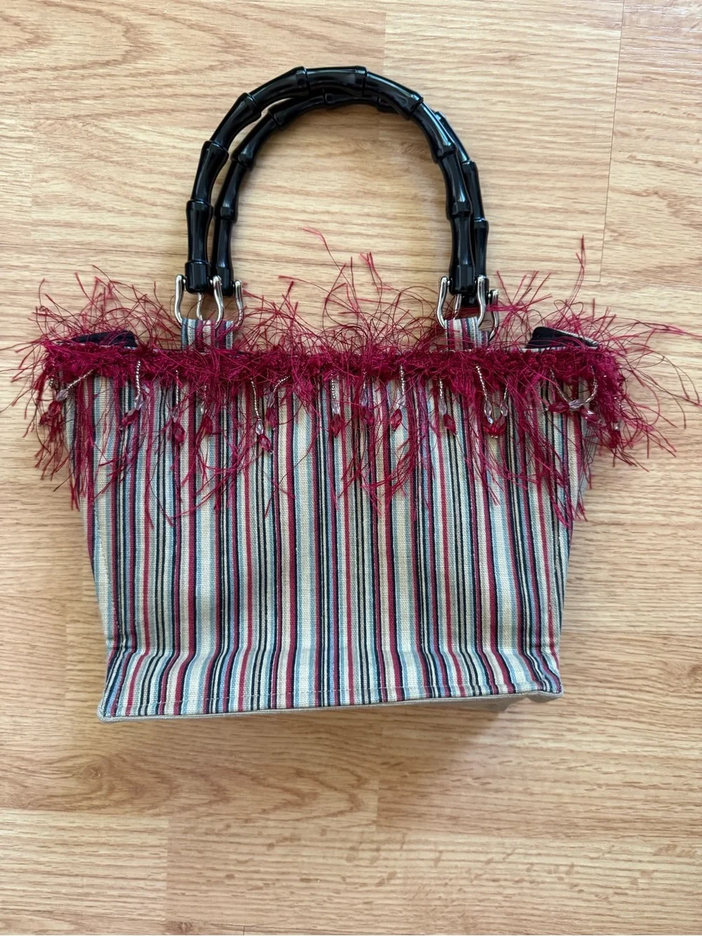 Bella Vintage Y2K Whimsigoth Striped Faux Bamboo Handle Feather Purse